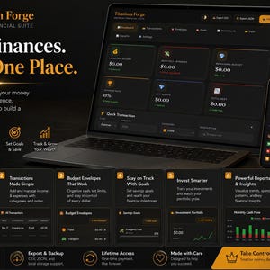 Puede incluir: Un portátil y un smartphone que muestran la interfaz de la suite financiera Titanium Forge. La interfaz es oscura con acentos naranjas, mostrando datos y herramientas financieras. El texto en la pantalla dice "Your Finances. All in One Place."