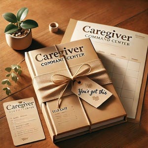 Op de afbeelding: Een bruin boek met de titel "Caregiver Command Center" vastgebonden met een lint en een label met de tekst "You've got this". Een kleine potplant en een notitieblok zijn ook zichtbaar op een houten oppervlak.