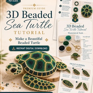 Peut inclure: Un tutoriel PDF numérique pour une tortue de mer perlée en 3D, comprenant des instructions étape par étape, des listes de matériel et des schémas. Le guide présente un modèle de tortue fini en perles crème, bleu sarcelle, émeraude, vert foncé et or.