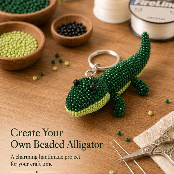 Padrão de jacaré em 3D com miçangas, tutorial para chaveiro, animal feito com miçangas (download digital)