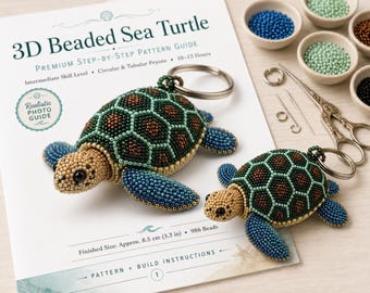 3D Beaded Sea Turtle Charm Pattern, Peyote Stitch Keychain Tutorial (Digital Download)