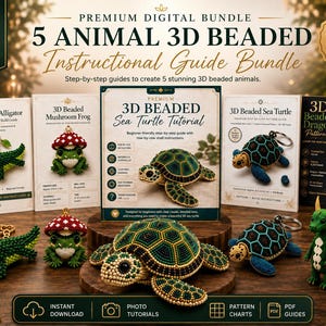 Puede incluir: Un paquete digital de cinco guías instructivas para crear animales de cuentas en 3D, incluyendo un caimán, una rana seta, una tortuga marina y un dragón. El conjunto presenta tarjetas de patrones impresas y figuras de cuentas terminadas.