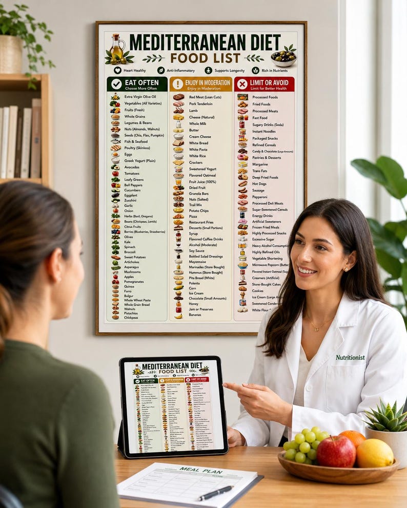 Moderation Table Poster Example Mediterranean Diet Food List Chart | Eat Limit Avoid Guide (PDF ...