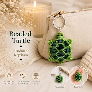 May include: A beaded turtle keychain featuring a green and dark green geometric shell pattern attached to a silver metal ring. The text Beaded Turtle Handmade Keychain is visible alongside circular insets showing the item scale.