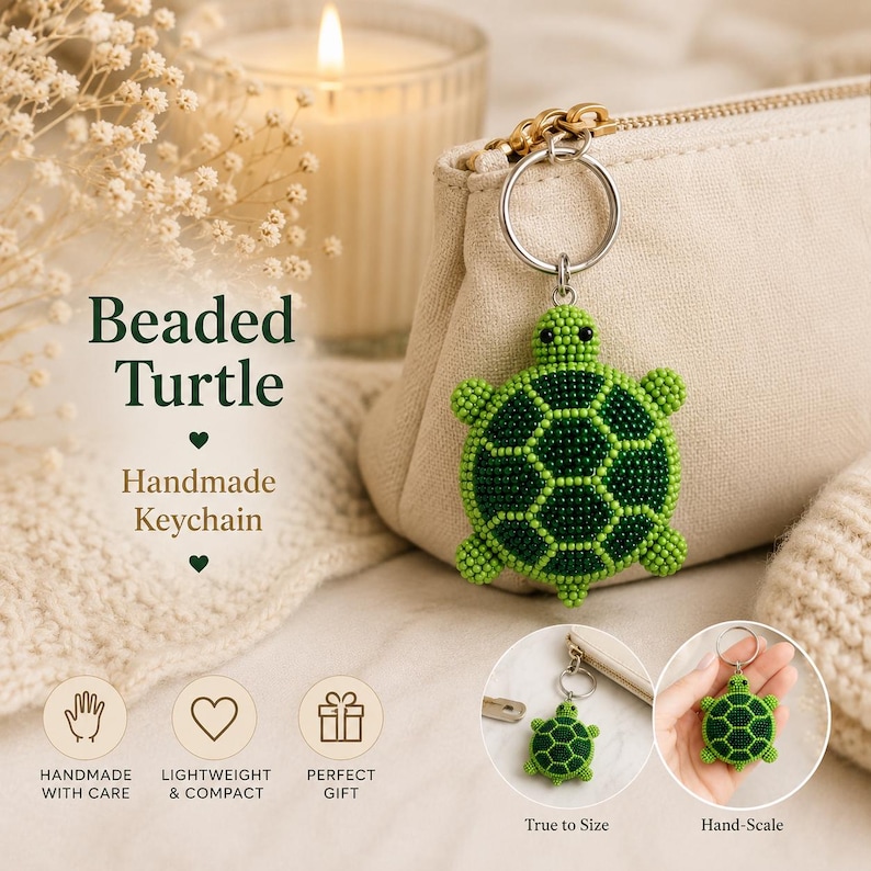 May include: A beaded turtle keychain featuring a green and dark green geometric shell pattern attached to a silver metal ring. The text Beaded Turtle Handmade Keychain is visible alongside circular insets showing the item scale.