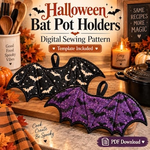 Puede incluir: Dos agarraderas acolchadas con forma de murciélago, una negra y otra morada, ambas con un patrón repetitivo de murciélagos y estrellas. El texto dice Halloween Bat Pot Holders Digital Sewing Pattern Template Included Cook Create Be Spooky PDF Download.