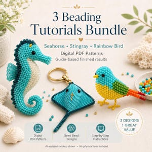 3D Beaded Animal Tutorial Bundle, Seahorse Stingray Keychain Rainbow Bird Patterns, Seed Bead PDF Guides, Digital Download