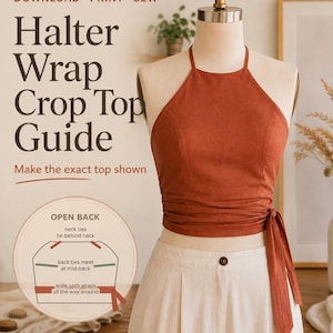 May include: A rust-coloured halter wrap crop top on a mannequin, featuring neck ties and a wide sash that wraps around the waist. Text reads: DOWNLOAD • PRINT • SEW, Halter Wrap Crop Top Guide, Make the exact top shown, and an OPEN BACK diagram.