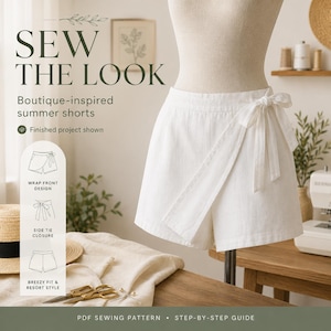 Wrap Front Summer Shorts Sewing Pattern, Self-Drafting PDF Tutorial, Side Tie Linen Shorts Guide