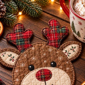 May include: A quilted fabric coaster shaped like a reindeer head. The reindeer has a brown face with white embroidered snowflakes, a cream-colored muzzle, a red plaid nose, and red plaid antlers. The ears feature a cream fabric with holly.