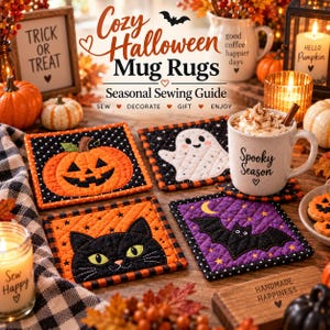 May include: Four square quilted mug rugs featuring Halloween designs: an orange jack-o'-lantern, a white ghost, a black cat, and a purple bat. The text reads Cozy Halloween Mug Rugs Seasonal Sewing Guide Sew Decorate Gift Enjoy.