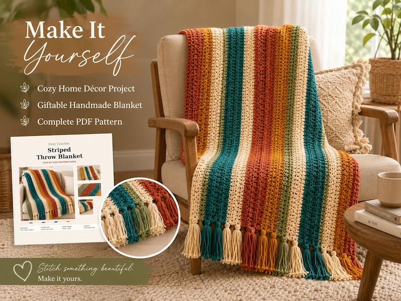 Beginner Crochet Striped Throw Blanket Pattern, Tassel Fringe Home ...
