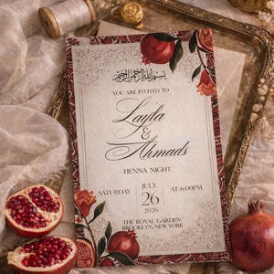 Puede incluir: Invitaci&oacute;n para la Noche de Henna de Layla & Ahmads, con ilustraciones florales y de granadas. La tarjeta incluye la fecha, 26 de julio de 2026, y el lugar, The Royal Garden, Brooklyn, Nueva York. Dise&ntilde;o vintage.