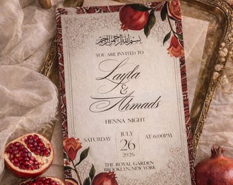 Plantilla editable de Canva para invitación de Nikah / Noche de Henna con Granada y Flores Árabes (Descarga digital)