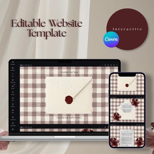 May include: A laptop and smartphone display a website template with a letter design. The laptop screen shows a letter with a wax seal on a checkered background. The text "Editable Website Template" is at the top.