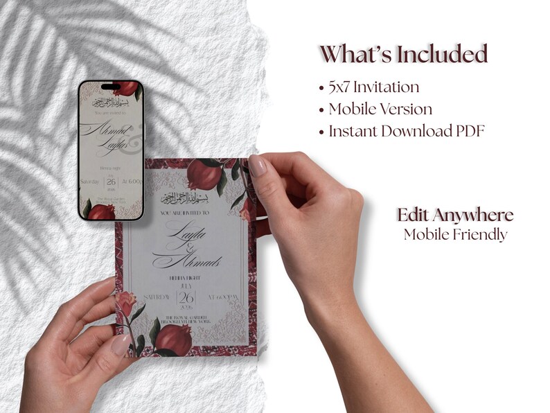 Puede incluir: Un dise&ntilde;o de invitaci&oacute;n de boda con un motivo de granada y floral. La invitaci&oacute;n se muestra en un tel&eacute;fono inteligente y una tarjeta impresa. El texto incluye los nombres "Layla & Ahmad" y los detalles del evento. El dise&ntilde;o es compatible con dispositivos m&oacute;viles y est&aacute; disponible como PDF de descarga instant&aacute;nea.