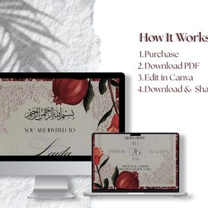 Puede incluir: Un monitor de computadora y una computadora port&aacute;til que muestran un dise&ntilde;o de invitaci&oacute;n de boda con una ilustraci&oacute;n de granada, detalles florales y caligraf&iacute;a &aacute;rabe. La invitaci&oacute;n dice "YOU ARE INVITED TO Lauda". La imagen tambi&eacute;n incluye el texto "How It Works".