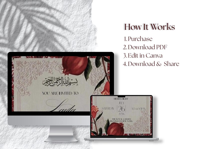 Puede incluir: Un monitor de computadora y una computadora port&aacute;til que muestran un dise&ntilde;o de invitaci&oacute;n de boda con una ilustraci&oacute;n de granada, detalles florales y caligraf&iacute;a &aacute;rabe. La invitaci&oacute;n dice "YOU ARE INVITED TO Lauda". La imagen tambi&eacute;n incluye el texto "How It Works".