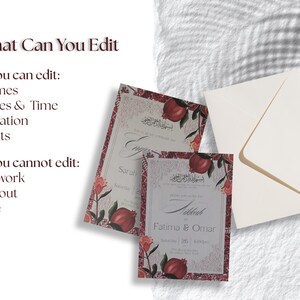 Puede incluir: Conjunto de invitaciones de boda con dos tarjetas con dise&ntilde;os florales y de granadas, y un sobre color crema. Las tarjetas muestran los nombres "Fatima & Omar" y "Sarah". El texto "What Can You Edit" tambi&eacute;n es visible.