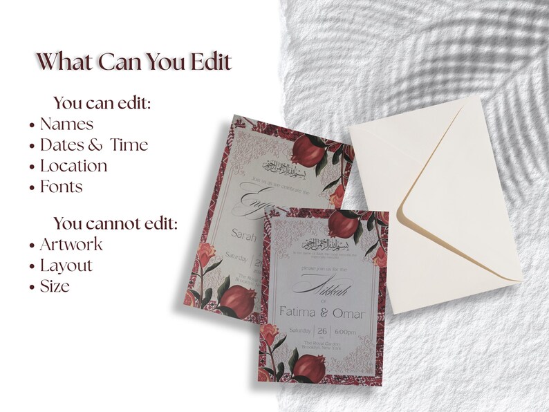 Puede incluir: Conjunto de invitaciones de boda con dos tarjetas con dise&ntilde;os florales y de granadas, y un sobre color crema. Las tarjetas muestran los nombres "Fatima & Omar" y "Sarah". El texto "What Can You Edit" tambi&eacute;n es visible.