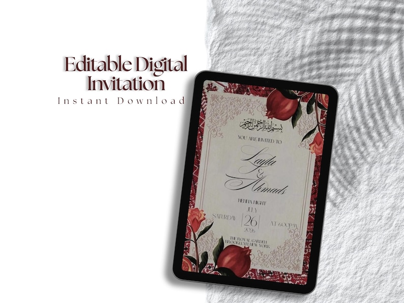 Plantilla editable de Canva para invitación de Nikah / Noche de Henna con Granada y Flores Árabes (Descarga digital) imagen 2