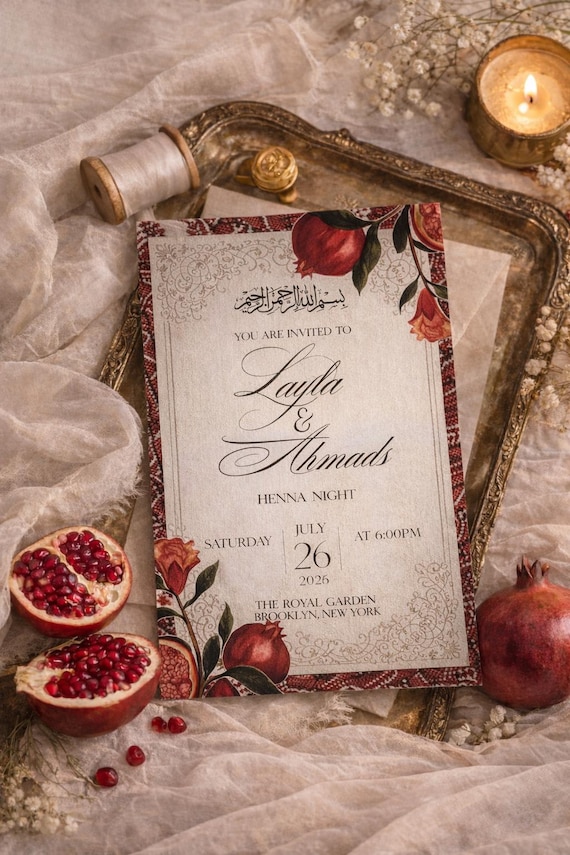 Editable Nikah Invitation Canva Template | Arabic Floral Pomegranate Henna Night (Digital Download)