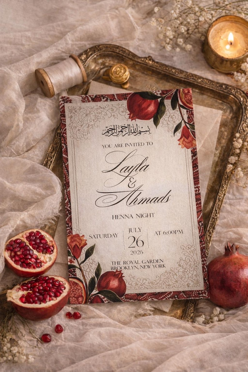 Puede incluir: Invitaci&oacute;n para la Noche de Henna de Layla & Ahmads, con ilustraciones florales y de granadas. La tarjeta incluye la fecha, 26 de julio de 2026, y el lugar, The Royal Garden, Brooklyn, Nueva York. Dise&ntilde;o vintage.