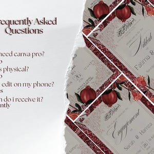 Puede incluir: Un dise&ntilde;o de invitaci&oacute;n digital con un patr&oacute;n repetido de ilustraciones de granadas y acentos florales. El dise&ntilde;o incluye el texto "Nikkah Fatima & Omar" y "Engagement Sarah & Hamza". La imagen tambi&eacute;n incluye una lista de preguntas frecuentes.