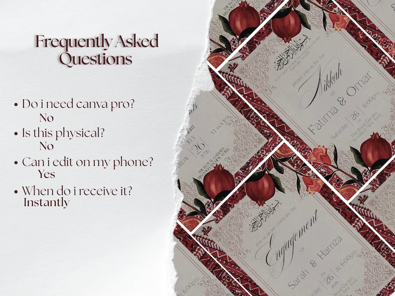 Puede incluir: Un dise&ntilde;o de invitaci&oacute;n digital con un patr&oacute;n repetido de ilustraciones de granadas y acentos florales. El dise&ntilde;o incluye el texto "Nikkah Fatima & Omar" y "Engagement Sarah & Hamza". La imagen tambi&eacute;n incluye una lista de preguntas frecuentes.