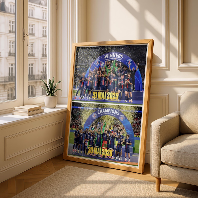 May include: A framed rectangular poster featuring two stacked sports celebration scenes. The top image shows a team under a blue arch with the text WINNERS and 31 MAI 2025. The bottom image shows a team under a blue arch with CHAMPIONS and 30 MAI 2026.