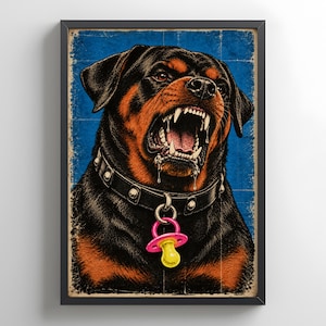 May include: A framed wall art print featuring a black and tan Rottweiler dog with an open mouth, baring its teeth and drooling. The dog wears a black studded collar with a bright pink and yellow baby pacifier hanging from a metal ring.
