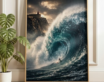 Nazare Big Wave Poster, Dramatic Ocean Wall Art, Surf Photography Print, Portugal Coastal Decor, Powerful Sea Art
