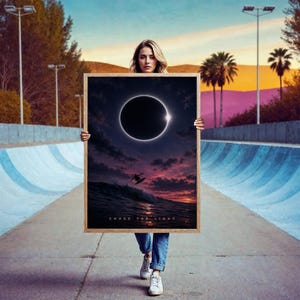 Surf Eclipse Poster, Surf Wall Art, Surfer Print, Chase the Light Poster, Ocean Wall Art, Surfing Gift, Sunset Beach Decor
