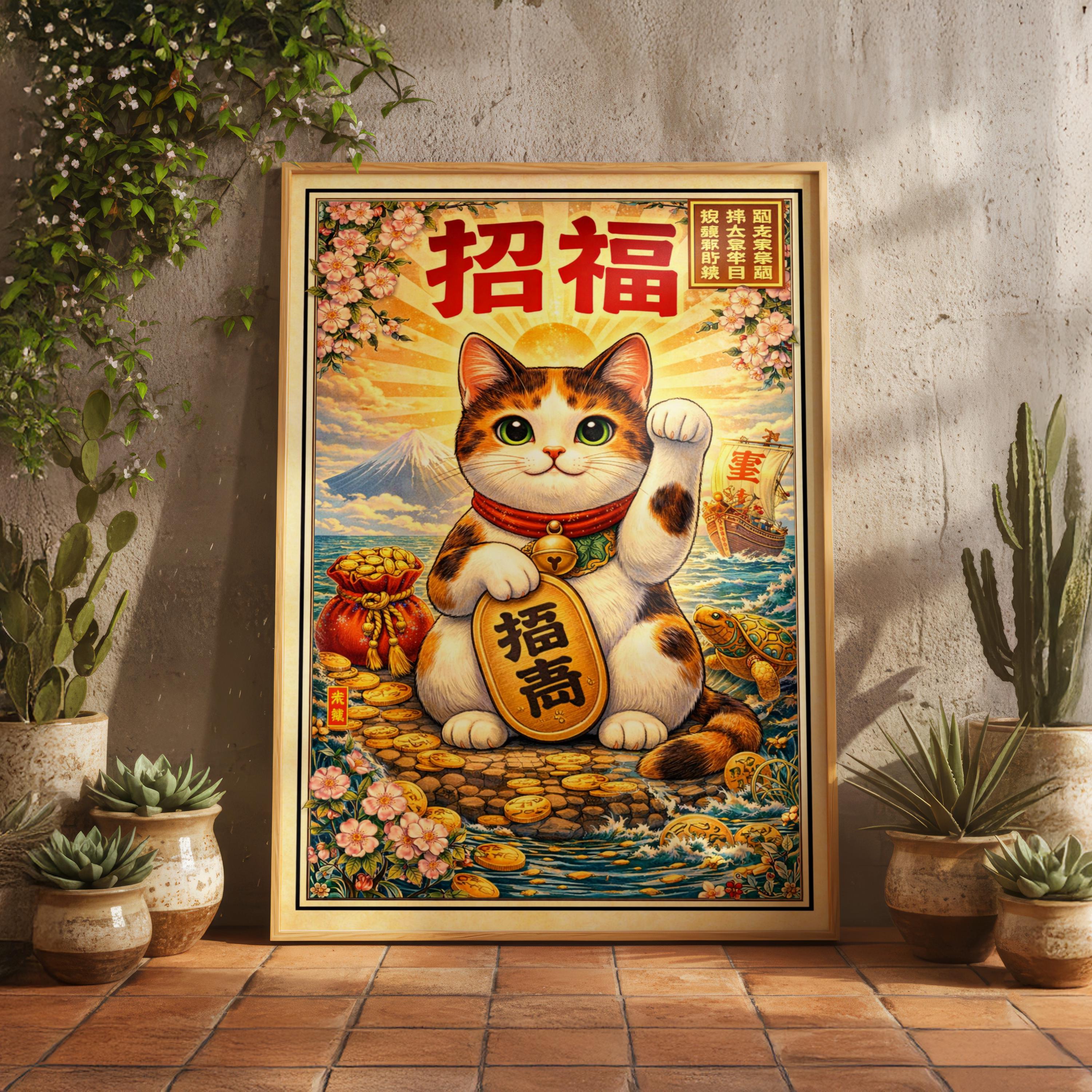 Lucky Cat Poster, Maneki Neko Wall Art Print, Vintage Japan Decor ...