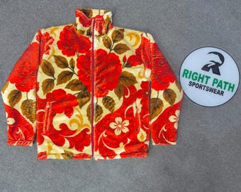 Floral Fleece Jacket – Red Rose Print Warm Winter Zip-Up Coat
