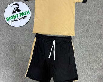 Men’s Sports Tracksuit Set Beige Black Gym T Shirt Shorts Activewear Running Workout Outfit