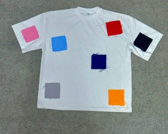 White Patchwork Graphic T-Shirt | Color Block Streetwear Tee | Trendy Unisex Casual Shirt