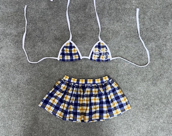 Trendy Plaid Two-Piece Bikini Set with Mini Skirt