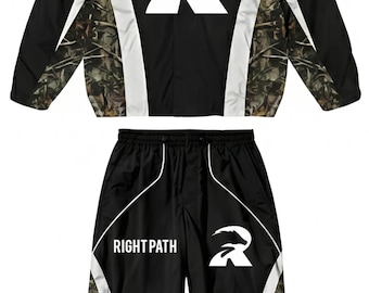 Men's Black Camo Tracksuit Set: Hoodie, Jogger Pants, "Right Path" Print
