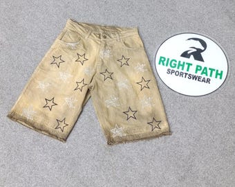 Men's Khaki Denim Shorts – Star Print, Bird Embroidery, Frayed Hem Streetwear