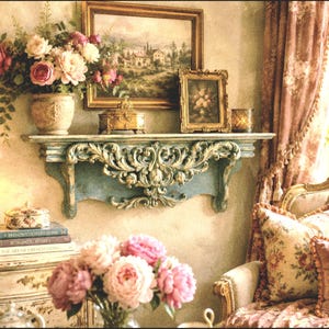 May include: A wall-mounted wooden shelf featuring an ornate, carved scrollwork design in a distressed blue and gold finish. The shelf is positioned below a landscape painting and a smaller framed floral print, supporting a decorative box and vase.
