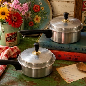 Vintage kitchen Ware, Montgomery Ward Prestige Tri-Ply Stainless Steel potwith Lids, Retro Kitchenware, Mid Century Cookware 18-8 3-Ply Pots
