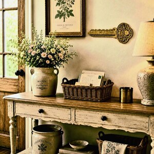 May include: A wooden console table with two drawers, topped with a ceramic vase of flowers, a wicker basket of mail, and a lamp. Below, a ceramic pot, a stack of three books, and a wicker basket with a patterned cloth are displayed.