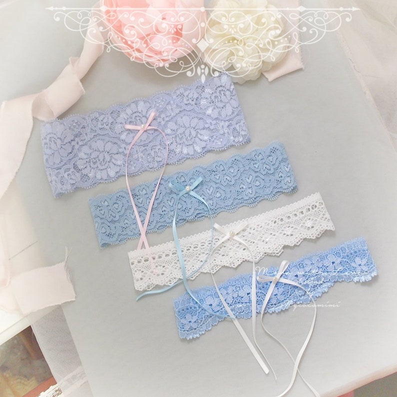 Bridal Bride Garter Lace Bows White Something Blue One size Stretch 3 Colours