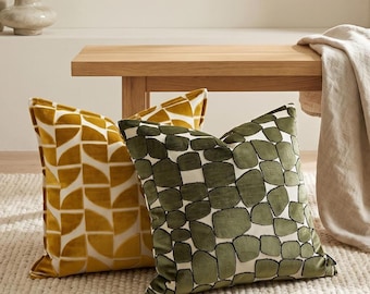 Housse de coussin jacquard de luxe, housse de coussin géométrique en velours 20 x 20, coussin de canapé design, or vert olive, cadeau de pendaison de crémaillère