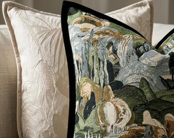 Housse de coussin jacquard botanique | Coussin décoratif beige neutre et forêt, décoration de canapé design, coussin décoratif moderne