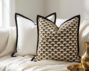 Housse de coussin en chenille | Housse de coussin géométrique dorée | Housse de coussin noir blanc | Oreiller de luxe pour canapé | Décoration Art Déco
