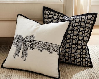 Housse de coussin noir blanc, housse de coussin brodée de noeuds, housse de coussin géométrique, housse de coussin décoratif nordique de luxe