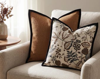 Housse de coussin botanique | Housse de coussin marron neutre, housse de coussin jacquard, coussin ocre, décoration d'intérieur moderne et cosy