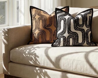 Housse de coussin abstraite | Housse de coussin géométrique moderne, Housse de coussin beige noir, Oreiller décoratif design, Housse de coussin de canapé